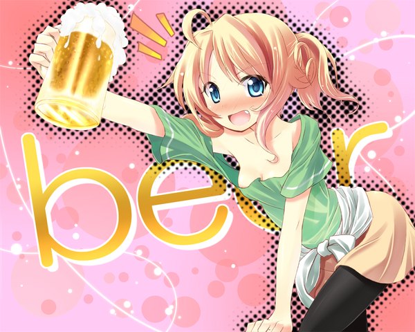 Anime picture 1050x840 with original komone ushio single blush short hair open mouth blue eyes blonde hair ahoge inscription girl alcohol glass beer