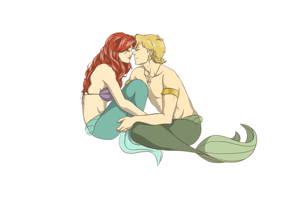 Anime picture 1294x866 with the little mermaid disney ariel urchin jessdeaton (artist) long hair short hair blonde hair bare shoulders red hair eyes closed profile sleeveless couple transparent background face to face almost kiss girl boy bracelet