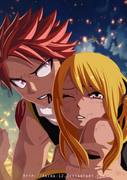 Anime picture 1350x1909 with fairy tail lucy heartfilia natsu dragneel akira-12 long hair tall image short hair blonde hair pink hair sky cloud (clouds) ponytail one eye closed pink eyes wink tattoo sleeveless hug coloring side ponytail
