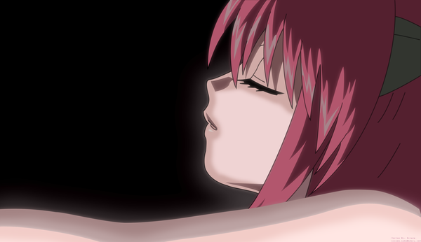 Anime picture 4516x2611 with elfen lied arms corporation lucy single long hair blush highres short hair open mouth simple background wide image bare shoulders pink hair eyes closed profile horn (horns) black background vector girl