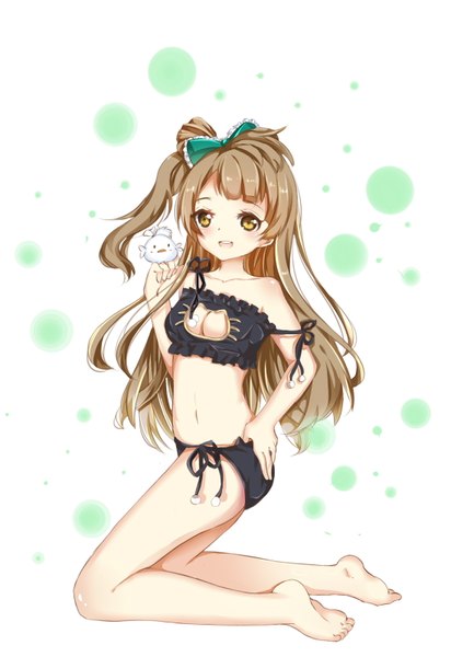 Anime picture 1100x1600 with love live! school idol project sunrise (studio) love live! minami kotori eiba single tall image blush fringe breasts open mouth light erotic simple background smile brown hair white background bare shoulders holding yellow eyes payot