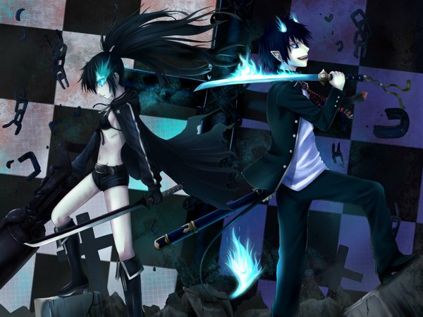 Anime picture 1024x768 with black rock shooter ao no exorcist a-1 pictures black rock shooter (character) okumura rin long hair short hair blue eyes black hair twintails pointy ears glowing scar glowing eye (eyes) crossover checkered background girl boy uniform weapon