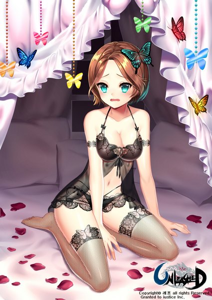 Anime picture 1535x2165 with unleashed black joa single tall image looking at viewer blush short hair breasts open mouth blue eyes light erotic brown hair underwear only girl thighhighs hair ornament underwear panties petals insect