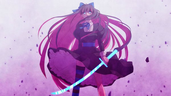 Anime picture 3374x1897 with panty & stocking with garterbelt anarchy stocking tagme (artist) single long hair looking at viewer fringe highres wide image standing holding multicolored hair two-tone hair glowing glowing eye (eyes) colored inner hair girl thighhighs dress hair ornament