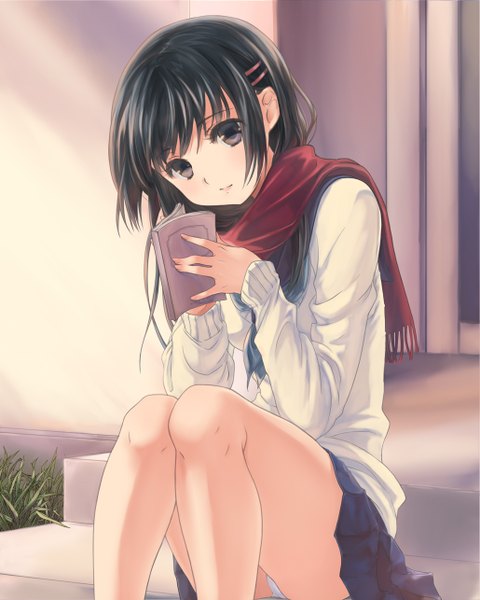 Anime picture 1029x1286 with original katsuki ichiru single tall image short hair black hair sitting brown eyes pantyshot girl skirt miniskirt scarf book (books) sweater