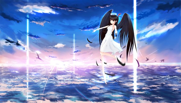 Anime picture 2500x1421 with original kikivi single long hair highres blue eyes black hair wide image sky cloud (clouds) horizon flying girl wings feather (feathers) halo sundress