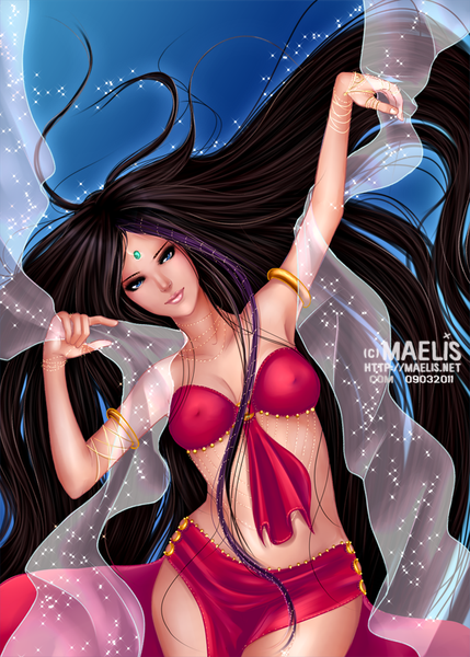 Anime picture 643x900 with m-aelis single tall image looking at viewer breasts blue eyes light erotic black hair very long hair traditional clothes lips erect nipples covered nipples girl arabian clothes