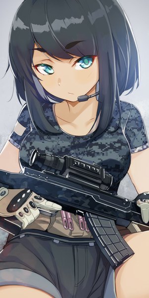 Anime picture 434x863 with battlefield battlefield 4 satori0121 single tall image looking at viewer fringe short hair breasts blue eyes black hair sitting holding eyebrows girl gloves weapon shorts gun t-shirt