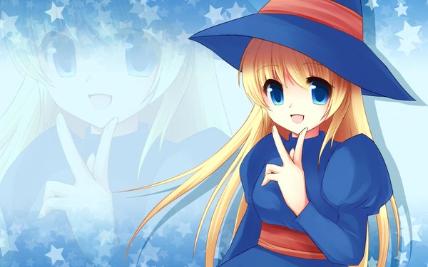 Anime picture 1920x1200 with puyopuyo witch (puyopuyo) yomogi komegura single long hair highres open mouth blue eyes blonde hair wide image zoom layer girl hat star (symbol) witch hat