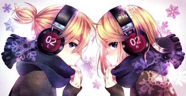 Anime picture 1059x550 with vocaloid kagamine rin kagamine len suminosumire short hair blonde hair wide image purple eyes face to face girl boy headphones scarf snowflake (snowflakes)
