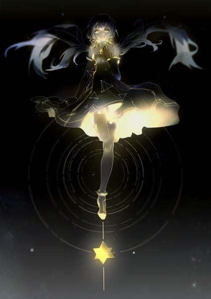 Anime picture 2480x3507 with vocaloid xingchen yyb single long hair tall image looking at viewer fringe highres yellow eyes bent knee (knees) floating hair glowing dark background glowing eye (eyes) tress ribbon weightlessness dark hair constellation girl