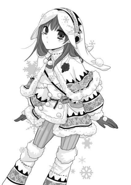 Anime picture 1101x1554 with ib (game) monster hunter ib (ib) lagombi (armor) azy single long hair tall image looking at viewer simple background white background alternate costume monochrome cosplay girl gloves hood snowflake (snowflakes) winter clothes