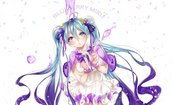 Anime picture 2200x1346 with vocaloid hatsune miku kimpeul kimpl single fringe highres blue eyes hair between eyes wide image white background twintails payot very long hair aqua hair character names floating hair girl dress bow