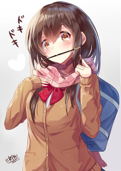 Anime picture 752x1062 with original igayan single long hair tall image looking at viewer blush fringe simple background hair between eyes brown hair holding brown eyes grey background gradient background mouth hold adjusting hair dated food in mouth pocky day