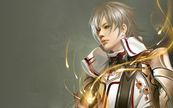 Anime picture 1440x900 with tagme (copyright) feimo single looking at viewer short hair wide image grey hair realistic magic silver eyes boy jewelry fire hand claws
