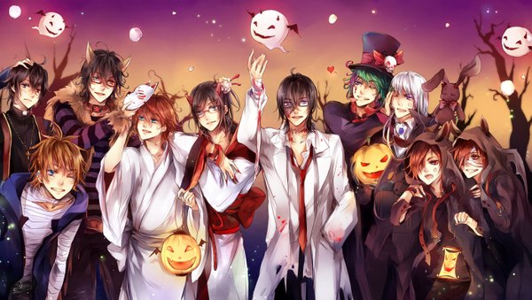 Anime picture 1403x795 with original zaphylla long hair short hair blue eyes black hair smile red eyes brown hair wide image purple eyes animal ears silver hair red hair one eye closed fingernails green hair wink night torn clothes