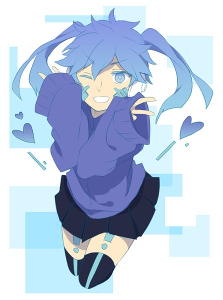Anime picture 759x1022 with kagerou project shaft (studio) ene (kagerou project) sekina single long hair tall image fringe blue eyes simple background smile hair between eyes white background twintails blue hair looking away ahoge long sleeves pleated skirt one eye closed