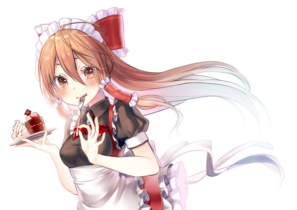 Anime picture 2000x1416 with touhou hakurei reimu shirako sei single long hair looking at viewer fringe highres simple background hair between eyes brown hair white background holding brown eyes upper body ahoge maid alternate costume :q underbust