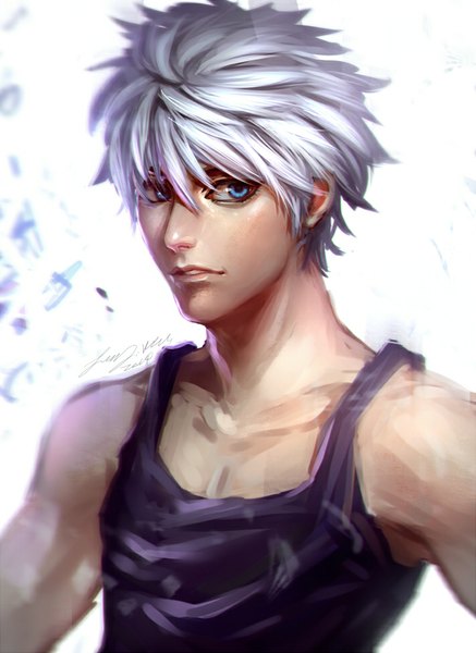 Anime picture 710x973 with hunter x hunter killua zaoldyeck midori chacha single tall image short hair blue eyes simple background white background bare shoulders signed silver hair boy
