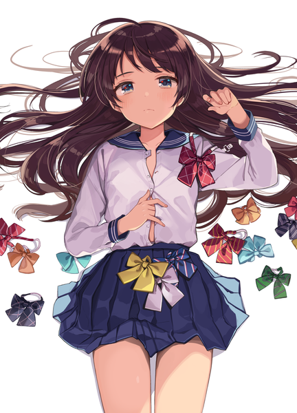 Anime picture 1295x1800 with original shigure ui single long hair tall image looking at viewer blush fringe blue eyes light erotic simple background brown hair white background ahoge lying pleated skirt fingernails from above on back undressing