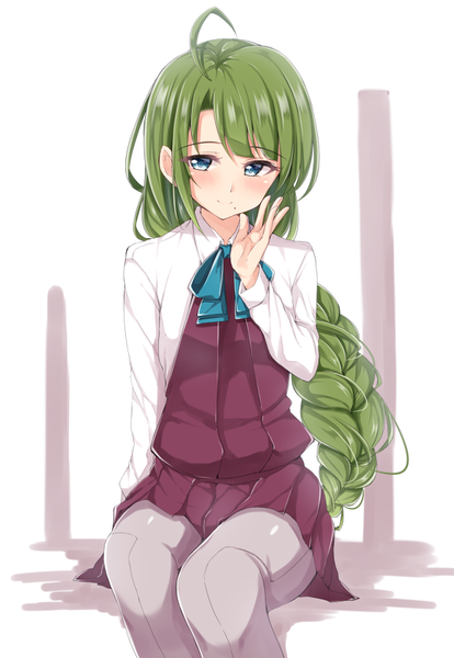 Anime picture 580x840 with kantai collection yuugumo destroyer jiino single long hair tall image looking at viewer blush fringe blue eyes smile sitting ahoge bent knee (knees) braid (braids) head tilt green hair mole single braid mole under mouth