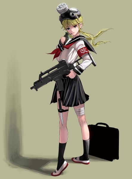 Anime picture 886x1200 with original masao single long hair tall image looking at viewer blue eyes simple background blonde hair payot shadow torn clothes girl weapon socks serafuku shoes belt gun black socks