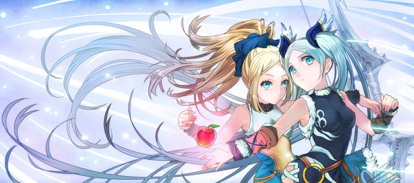 Anime picture 1700x754 with puzzle & dragons idun&idunna tatsuki (pizza no tempra) long hair blue eyes blonde hair wide image multiple girls blue hair ponytail girl dress hair ornament 2 girls detached sleeves fruit apple