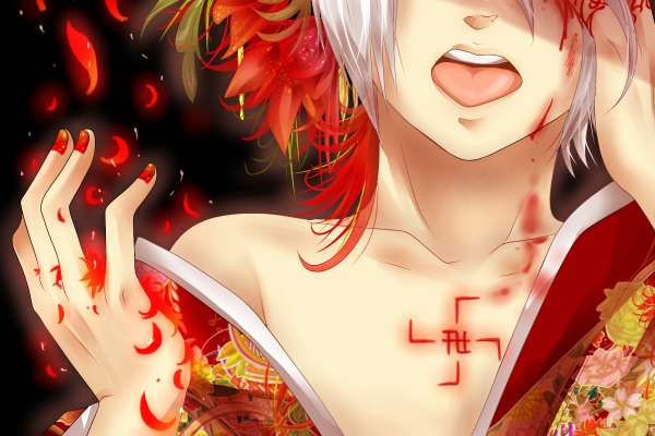 Anime picture 1200x800 with original earl (pixiv) short hair open mouth silver hair nail polish traditional clothes japanese clothes fingernails off shoulder hair ornament petals kimono blood