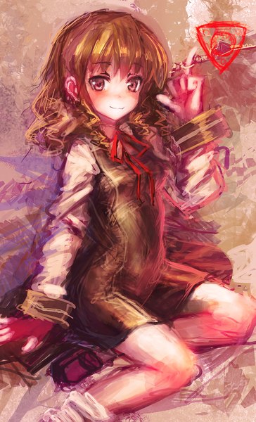Anime picture 1000x1647 with original lm7 (op-center) single tall image looking at viewer blush short hair red eyes brown hair light smile girl dress