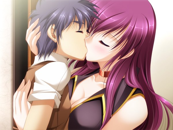 Anime picture 1600x1200 with intruder saeko yamamoto kazue long hair short hair black hair game cg purple hair eyes closed kiss girl boy