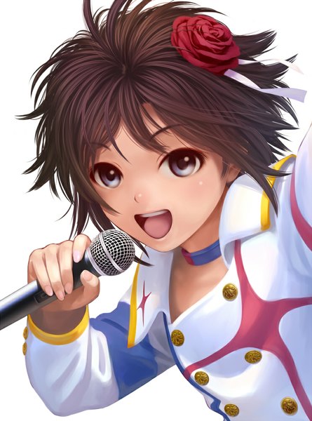 Anime picture 742x1000 with idolmaster idolmaster movie kikuchi makoto nekopuchi single tall image looking at viewer short hair open mouth blue eyes simple background brown hair white background hair flower girl hair ornament flower (flowers) microphone