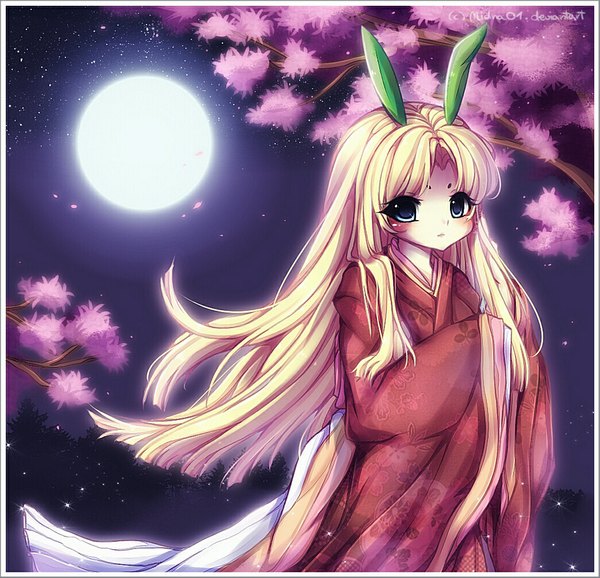 Anime picture 1044x1006 with okami (game) kaguya (okami) midna01 single long hair looking at viewer blush blue eyes blonde hair standing traditional clothes japanese clothes night night sky girl kimono moon full moon branch