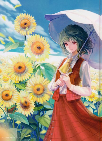 Anime picture 5007x6950 with touhou kazami yuuka siro single tall image looking at viewer highres short hair red eyes standing absurdres sky cloud (clouds) green hair light smile wind scan girl skirt flower (flowers)