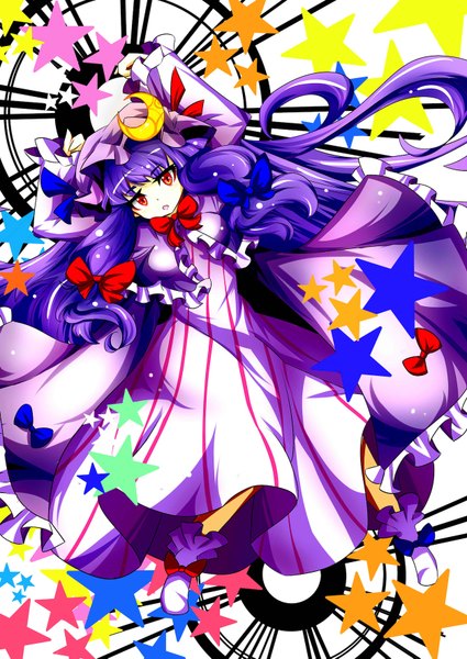 Anime picture 1254x1771 with touhou patchouli knowledge ryouryou (artist) single long hair tall image red eyes purple hair girl dress bow star (symbol) bonnet moon (symbol)