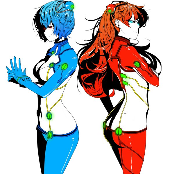 Anime picture 1295x1314 with neon genesis evangelion gainax soryu asuka langley ayanami rei long hair tall image short hair breasts blue eyes simple background red eyes white background multiple girls blue hair red hair girl hair ornament 2 girls bodysuit suit