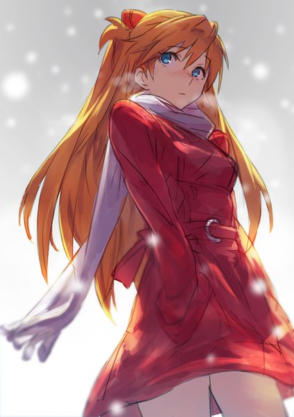 Anime picture 800x1132 with neon genesis evangelion gainax soryu asuka langley guchico single long hair tall image fringe blue eyes looking away orange hair grey background from below gradient background snowing winter exhalation hands in pockets girl scarf