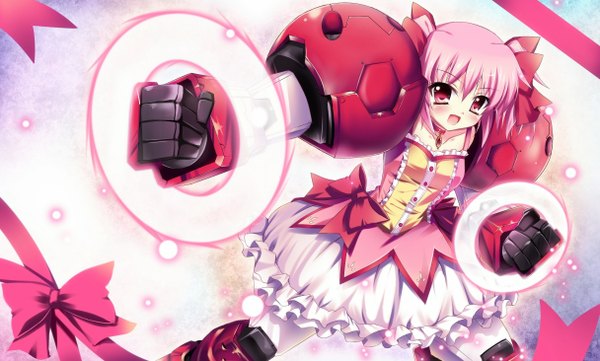 Anime picture 1216x732 with mahou shoujo madoka magica shaft (studio) kaname madoka raiou single blush short hair open mouth red eyes wide image pink hair mechanical parts girl dress bow hair bow fist