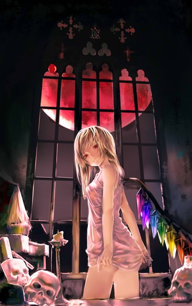 Anime picture 2400x3800 with touhou flandre scarlet yoi yuki single tall image highres short hair light erotic blonde hair smile red eyes cleavage looking back teeth fang (fangs) red moon girl wings window skull