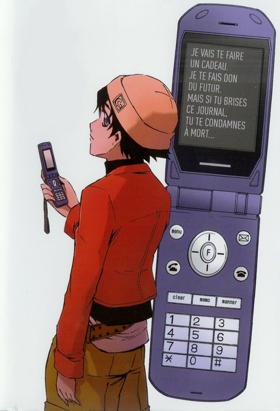 Anime picture 1501x2201 with mirai nikki amano yukiteru tall image short hair black hair simple background white background looking back from behind official art grey eyes boy hat cap phone