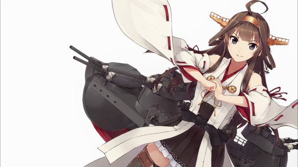 Anime picture 1920x1080 with kantai collection kongou battleship konishi (koconatu) single long hair looking at viewer fringe highres simple background brown hair wide image white background purple eyes ahoge traditional clothes japanese clothes pleated skirt wide sleeves miko nontraditional miko