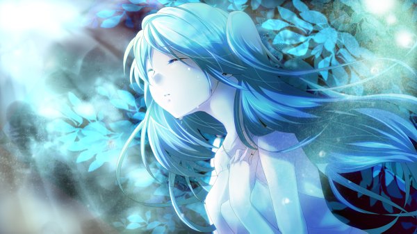 Anime picture 1200x675 with vocaloid hatsune miku shinri ibitsu single long hair wide image twintails eyes closed aqua hair tears girl