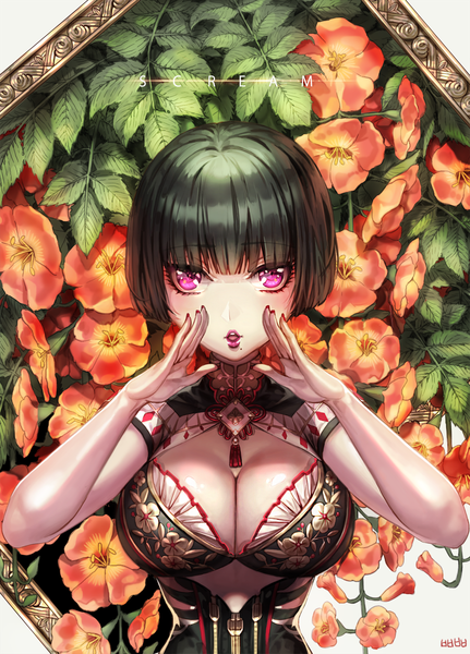 Anime picture 1000x1393 with original bbbox (hotpppink) single tall image looking at viewer fringe short hair breasts light erotic large breasts pink eyes fingernails green hair lips mole lipstick pink lipstick girl flower (flowers) clothes