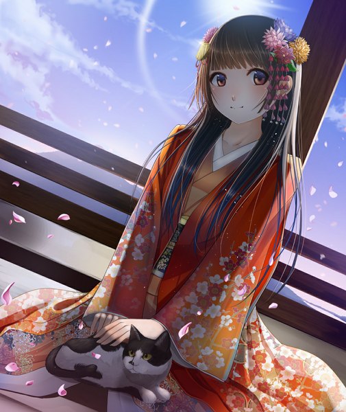 Anime picture 960x1140 with original kentaurosu single long hair tall image blush black hair brown eyes traditional clothes japanese clothes hair flower light smile girl hair ornament flower (flowers) animal petals kimono cat kanzashi