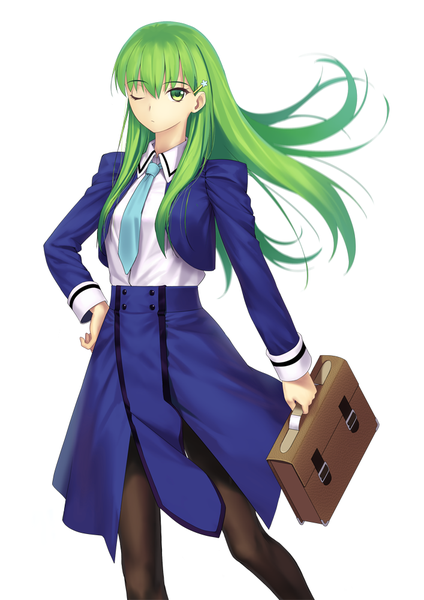 Anime picture 707x1000 with mahou tsukai no hako type-moon katsuragi chikagi tsukikanade single long hair tall image looking at viewer simple background white background green eyes one eye closed green hair wink girl dress skirt uniform school uniform necktie