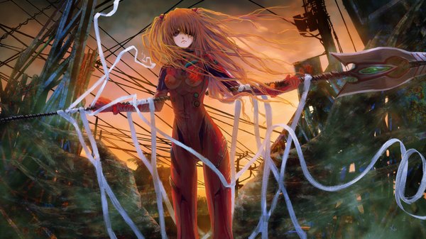 Anime picture 1920x1080 with neon genesis evangelion rebuild of evangelion evangelion: 2.0 you can (not) advance gainax soryu asuka langley kirigo (artist) single long hair highres breasts blue eyes wide image standing holding ruins girl gloves navel weapon bodysuit