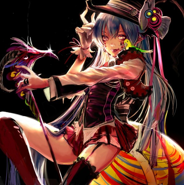 Anime picture 2036x2048 with vocaloid hatsune miku si (pixiv) single long hair tall image highres twintails yellow eyes blue hair pointy ears lipstick demon girl demon wings head wings face paint girl thighhighs black thighhighs hat