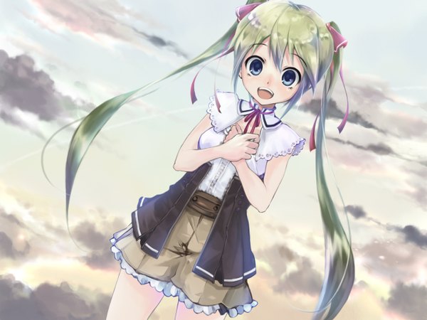 Anime picture 1280x960 with vocaloid hatsune miku nanabuluku single long hair open mouth blue eyes cloud (clouds) aqua hair girl