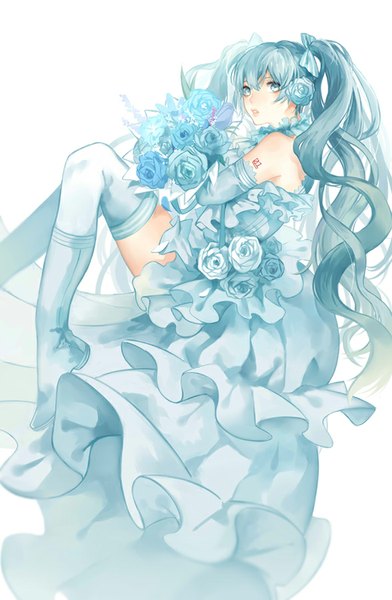 Anime picture 588x900 with vocaloid hatsune miku wusagi single tall image looking at viewer fringe simple background white background holding parted lips multicolored hair aqua eyes lips aqua hair tattoo alternate costume legs wavy hair gradient hair
