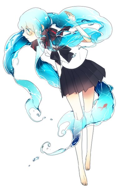 Anime picture 807x1268 with vocaloid hatsune miku bottle miku naoto (tulip) single tall image blush blue eyes simple background white background twintails looking away very long hair profile pleated skirt barefoot aqua eyes aqua hair short sleeves liquid hair
