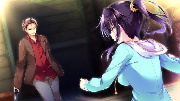 Anime picture 1920x1080 with golden marriage ensemble (studio) shimakage ruri hayakawa harui long hair blush highres breasts black hair wide image large breasts brown eyes game cg ponytail sunlight back spread arms face to face angry crazy smile